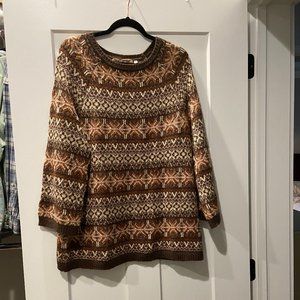 Soft Surroundings Nordic Fair Isle Tunic Length Sweater Brown w/Metallic SZ M